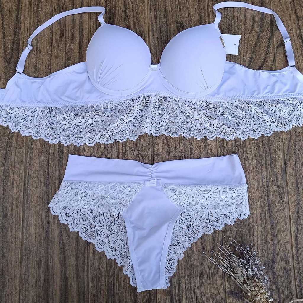 Conjunto Lingerie Super Luxo Sara com Sutiã Bojo Bolha e Calcinha Fio ...