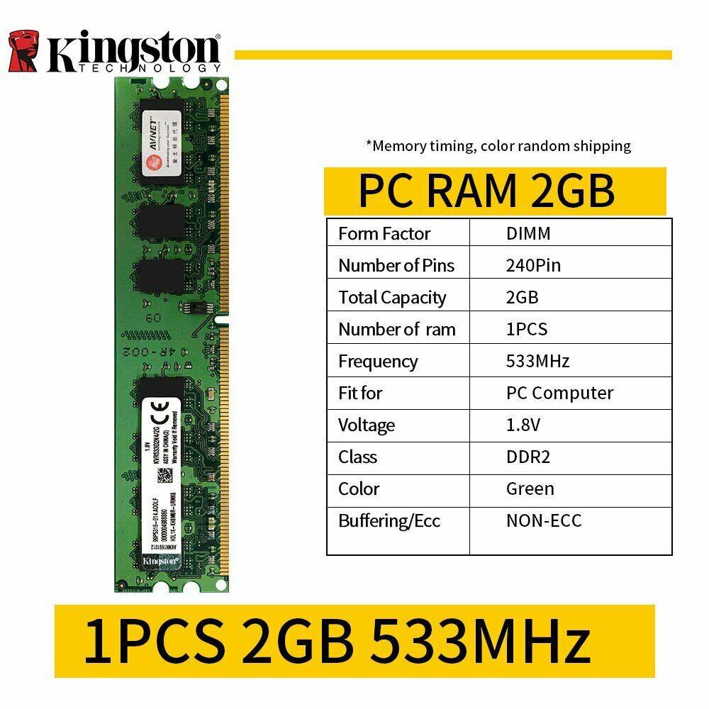 2GB DDR2 533MHz PC2-4200U KVR533D2N4/2G 240Pin Memória DIMM