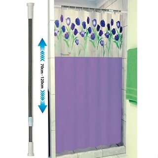 Kit Varão + Cortina Box Banheiro - Varao Extensivel 70 ate 120cm Metal e Cortina Leo Vinil - TULIPAS com Visor - PANAMI