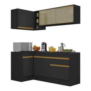Cozinha Compacta de Canto com Rodapé Veneza Multimóveis MP2091 com Armário e Balcão Preta