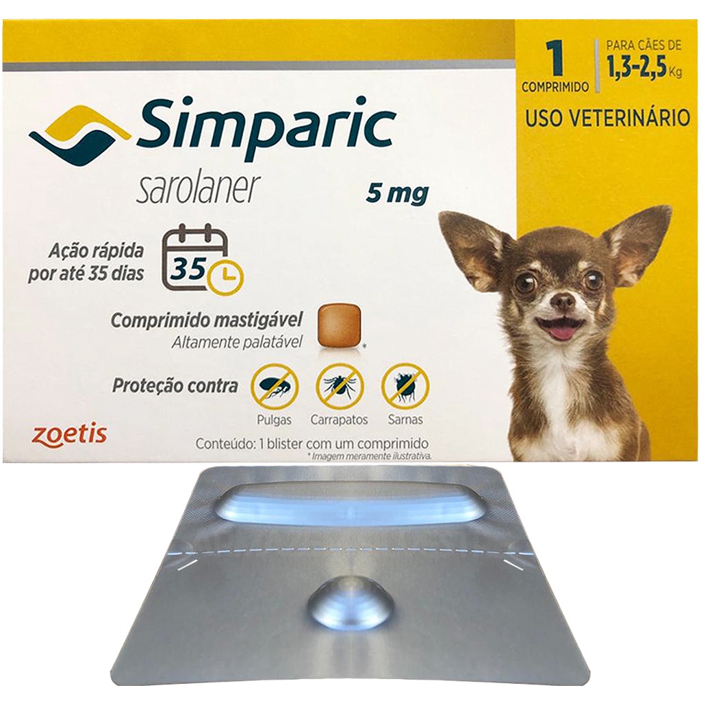Simparic 1,3 a 2,5kg 5mg 1 Comprimido Mastigável Palatável Pulgas ...