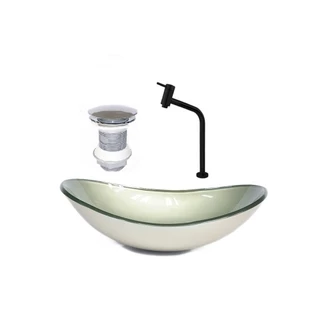 CUBA DE VIDRO OVAL 55CM CHAMPANHE VALVULA TORNEIRA PRETA