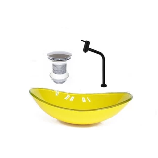 CUBA DE VIDRO OVAL 55CM AMARELA VALVULA TORNEIRA PRETA