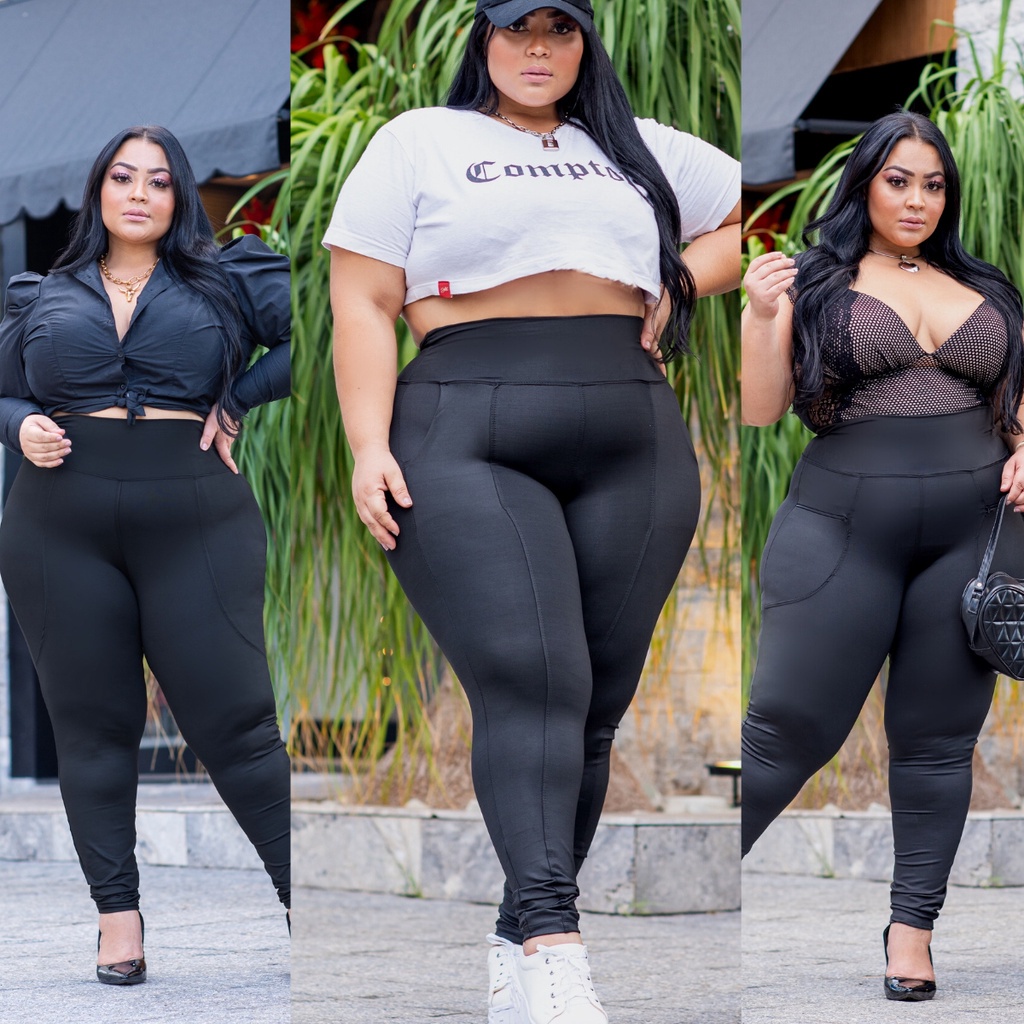 Calça Leging Plus Size Cotton Cós Alto Grosso Kit 2 Peças