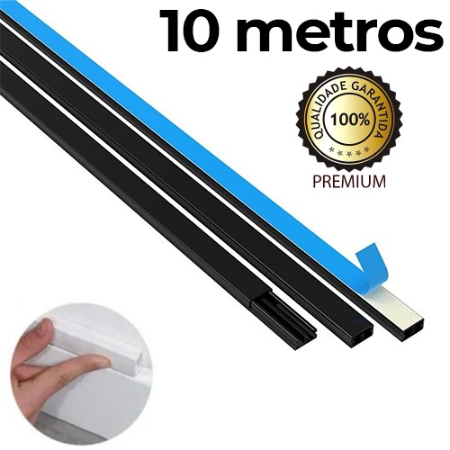 CANALETA PRETA 10 METROS COM FITA ADESIVA DUPLA FACE COLA MARCA BOA 20x10, ESCONDER FIOS 100CM PVC PLÁSTICO