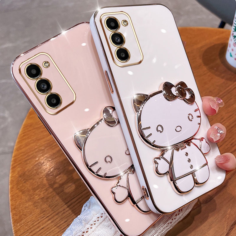 Capa Celular Samsung Galaxy S22 Plus S23 S21 + S23 + S22 Ultra S23 Olá kitty Com Suporte De Espelho De Maquiagem Macaron Proteção De Câmera De Luxo