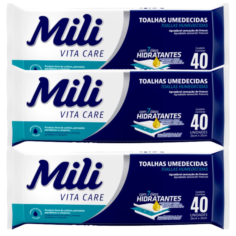Lenço Umedecido Mili Vita Adulto Toalha Umedecida 3 Pacotes com 40 ...