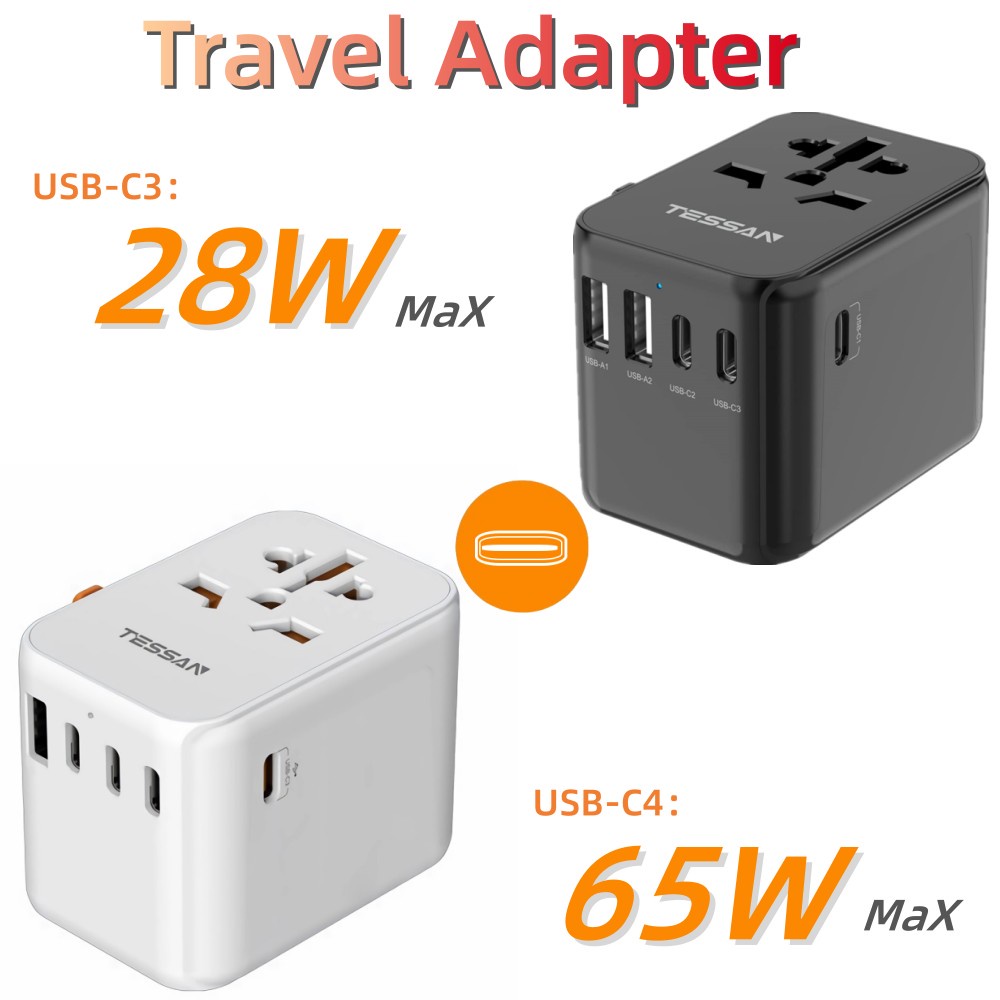 TESSAN Adapter Universal TomadaS with USB+Type C，PD 65W/100W International Plug Adaptor Super Fast Charging,Worldwide All in One Wall Charger Outlet Converter