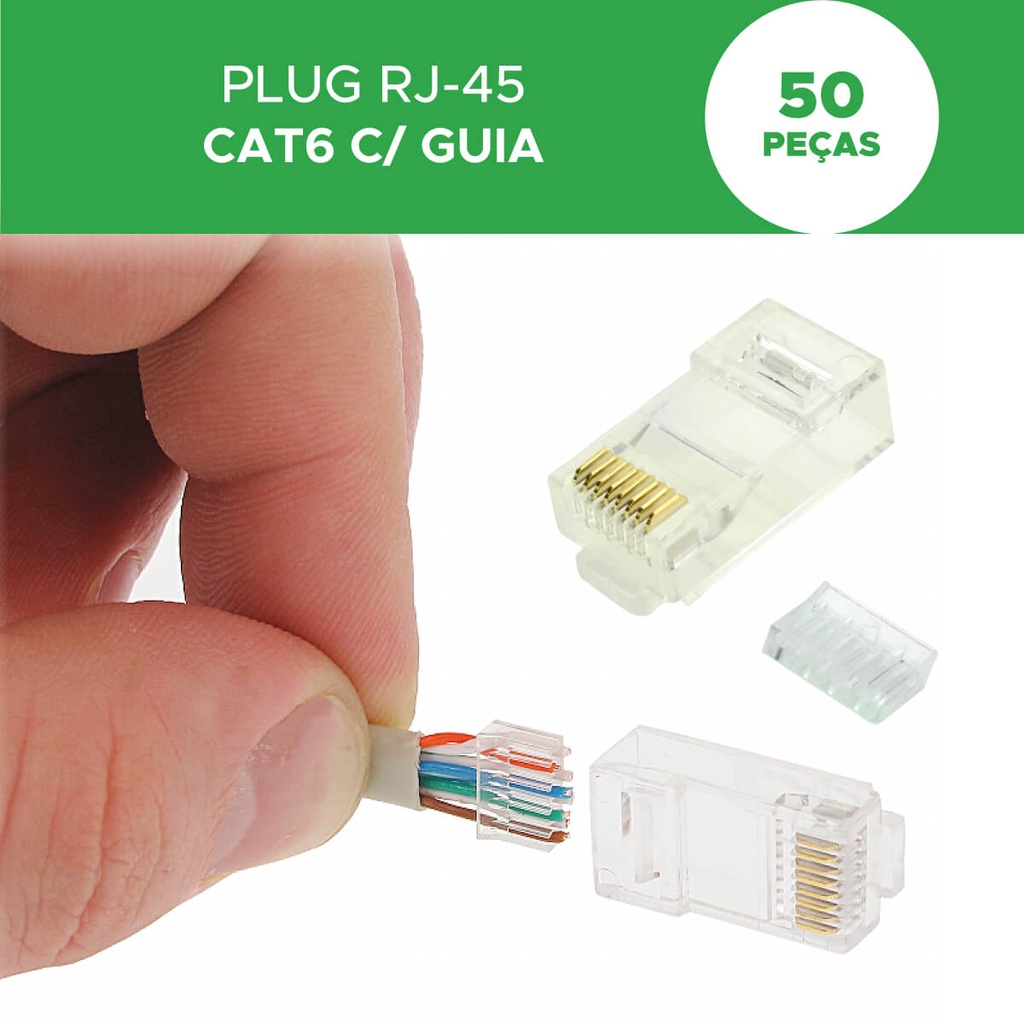 Kit com 50 Peças Plug Rj45 Macho Cat6 C/ Guia Crimpa Fácil