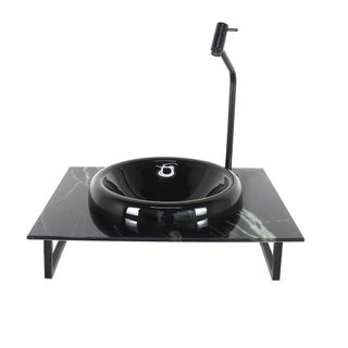GABINETE COM CUBA DE VIDRO CHAPEU 10MM PRETA COM TAMPO 50CM MARMORE PRETO MAIS TORNEIRA PRETA