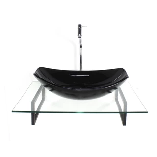 KIT CUBA DE VIDRO OVAL CHANFRADA PRETA COM TAMPO 60CM INCOLOR E SUPORTE PRETO