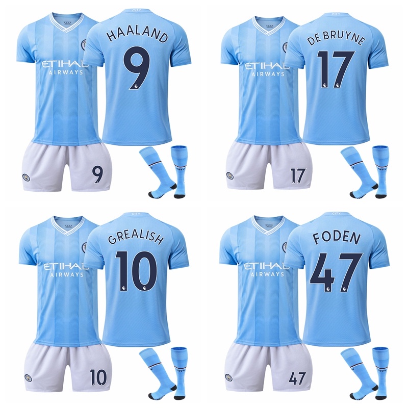 2023-24 Temporada Manchester City Home Futebol Infantil Jersey Kit Haaland Grealish De Bruyne Foden Conjuntos Esportivos Com Meias