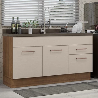 Balcão Gabinete de Pia Cozinha 150 cm 2 Portas 2 Gavetas (Sem Tampo e Pia) Rustic/Crema Agata Madesa em Oferta na Shopee