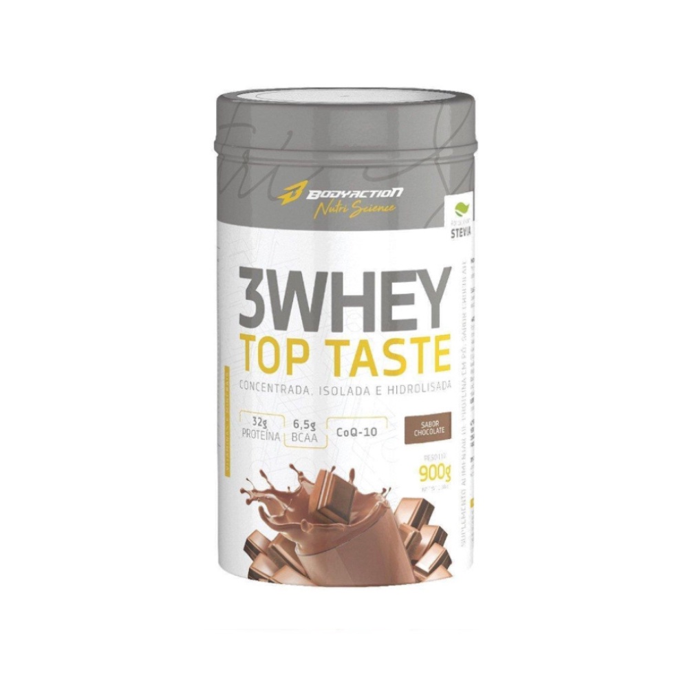 Top Taste 3 Whey ( Concentrado / Isolado / Hidrolisado ) – Sabor Chocolate – 32G de Proteína – Coq-10 – 900g – Body Action