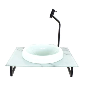 GABINETE COM CUBA DE VIDRO CHAPEU 10MM BRANCA COM TAMPO 50CM MARMORE BRANCO MAIS TORNEIRA PRETA