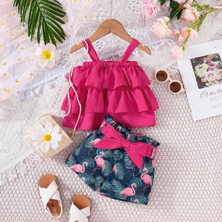 Conjunto Roupa Infantil Menina 6-36 Meses Verão Sem Manga Blusa Com Calção Desenho Animado Flamingo Para Bebê Recém Nascido