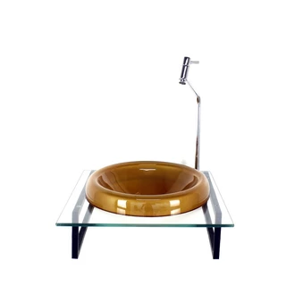 GABINETE COM CUBA DE VIDRO CHAPEU 10MM DOURADO REAL COM TAMPO 40CM INCOLOR MAIS TORNEIRA METAL CROMADA