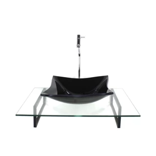 KIT CUBA DE VIDRO QUADRADA PRETA COM TAMPO 60CM INCOLOR E SUPORTE PRETO