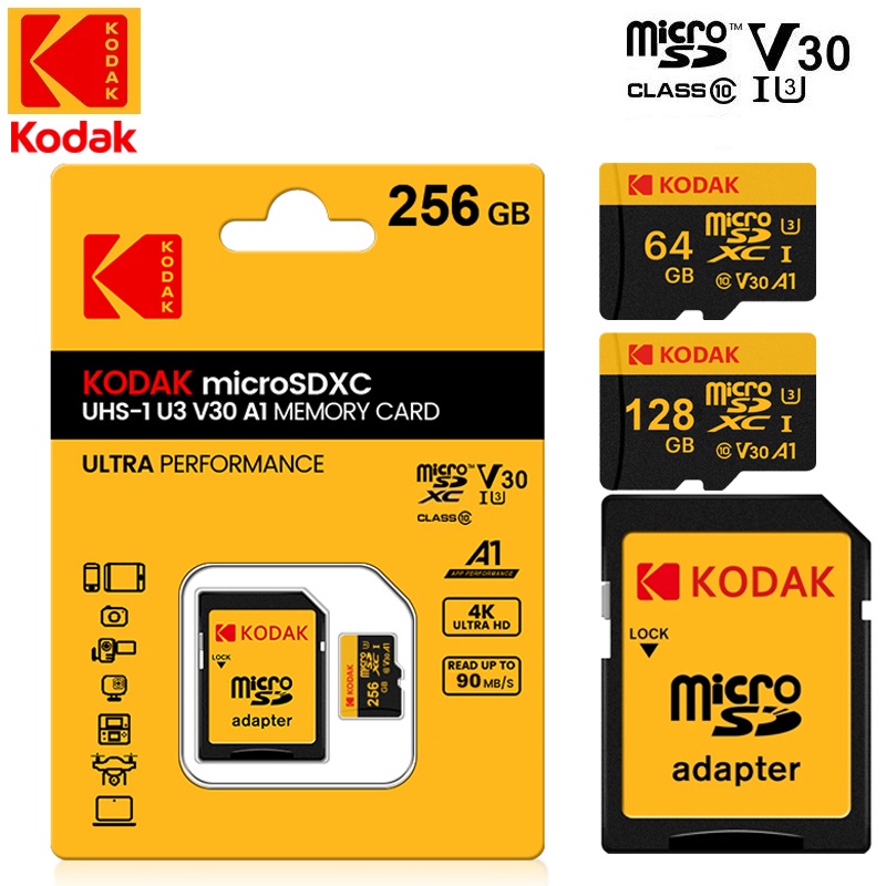 Cartão De Memória Kodak Micro SD 64GB TF U3 A1 V30 128G Velocidade De Leitura 90MB/s Gravação De Vídeo 4K 256GB