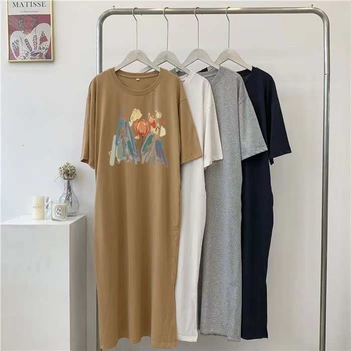 Vestido De Verão Casual Versátil De Manga Curta Moda Coreana Feminina Impressão Fenda Solto De Tamanho Superior