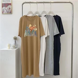 Vestido De Verão Casual Versátil De Manga Curta Moda Coreana Feminina Impressão Fenda Solto De Tamanho Superior