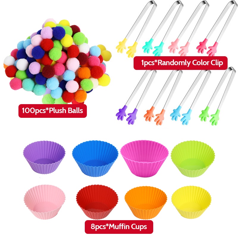 109pcs Tigelas de tanque de arco -íris bola de clipe de criança Classificação De Cores Jogos De Bolas De Pelúcia Coloridas Brinquedos educacionais para crianças