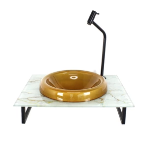 GABINETE COM CUBA DE VIDRO CHAPEU 10MM DOURADO REAL COM TAMPO 50CM MARMORE BRANCO DOURADO MAIS TORNEIRA PRETA