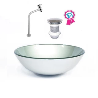 CUBA DE VIDRO REDONDA 31CM PRATA + VÁLVULA CLICK + TORNEIRA DE METAL