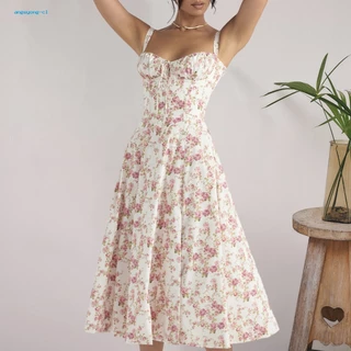 angeyong Elegante Suspensórios Elegantes Vestido De Laço Slim Sem Manga Floral Midi Core Selling Point Corset Design Split Hem Hematinado Perfeito Para Ocasiões Especiais Comprimento < 120