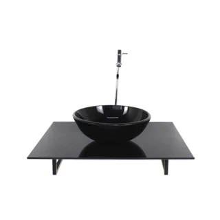 KIT CUBA DE VIDRO REDONDA COM TAMPO 60CM PRETO FULL E SUPORTE PRETO