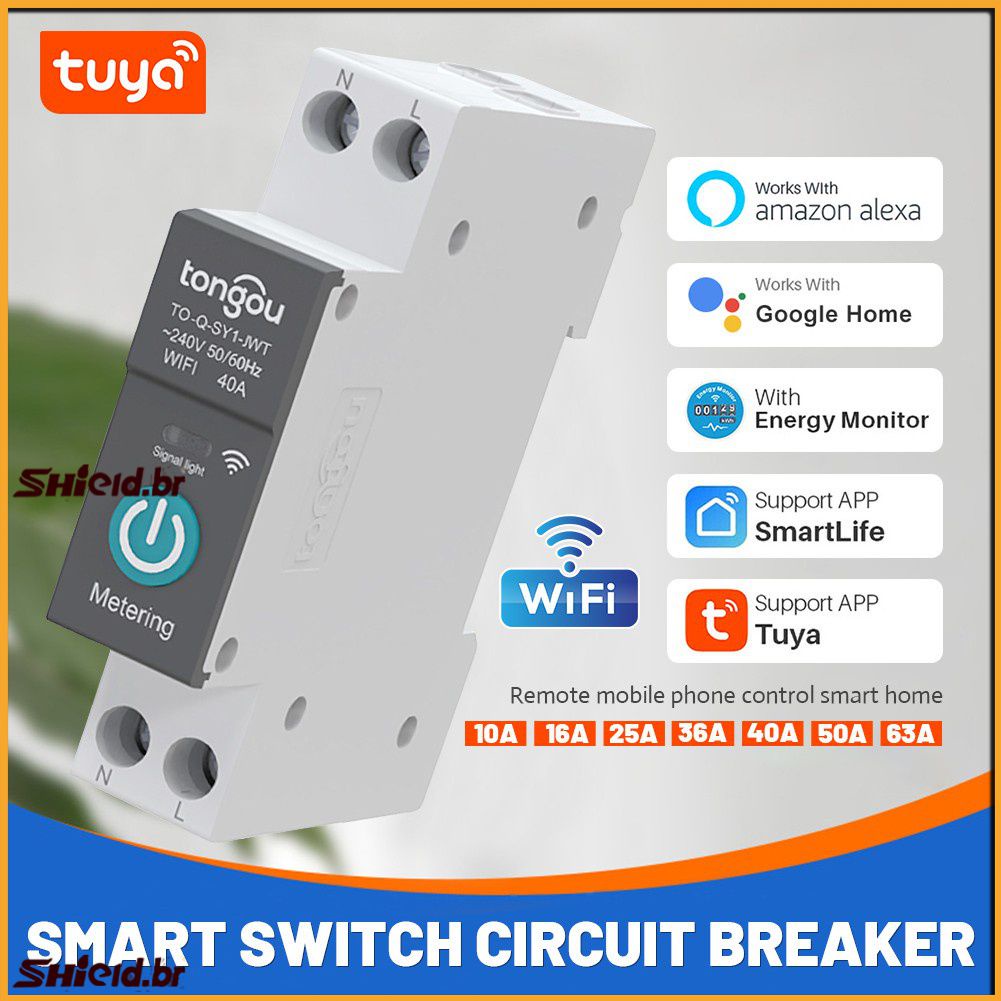 Disjuntor Tuya Wifi Smart Circuito 1p Din Rail Medidor De Energia 63A/10A Trilho Para Interruptor De Controle Remoto Sem Fio Inteligente Por APP (Com Medidor)