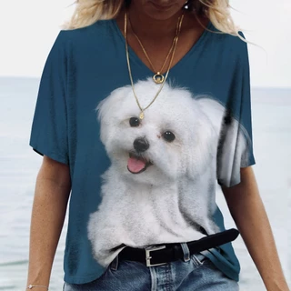 2023 Camiseta Feminina 3D Impressão Cachorro De Estimação Moda De Verão Capas Curtas V Pescoço Streetwear Harajuku Casual Pullover