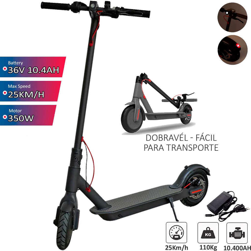 Patinete Elétrico Adulto Scooter Star E-Scooter 350W - Preto Bivolt Suporte Até 110Kg + Carregador Universal