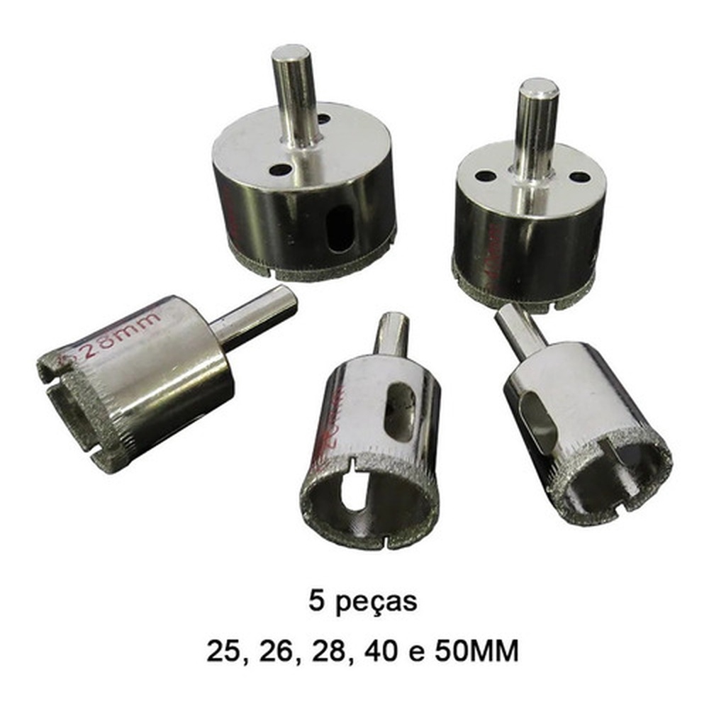 Kit 5 Serra Copo Diamantada 25/26/28/40/50 Mm Vidro Marmore