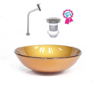 CUBA DE VIDRO REDONDA 31CM DOURADO REAL + VÁLVULA CLICK + TORNEIRA DE METAL