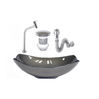 CUBA DE VIDRO OVAL CHANFRADA 46CM GRAFITE + VALVULA + TORNEIRA + SIFAO