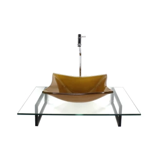KIT CUBA DE VIDRO QUADRADA DOURADO REAL COM TAMPO 60CM INCOLOR E SUPORTE PRETO