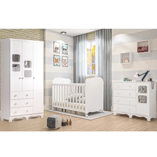 Quarto de Bebê com Berço Uli Cômoda e Roupeiro Junior Peroba