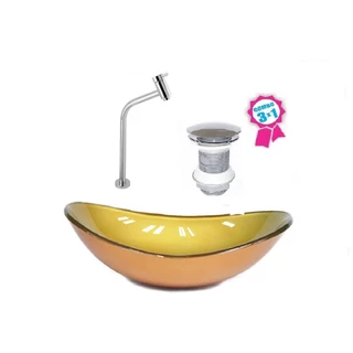CUBA DE VIDRO OVAL 55CM DOURADO REAL VALVULA CLICK TORNEIRA METAL