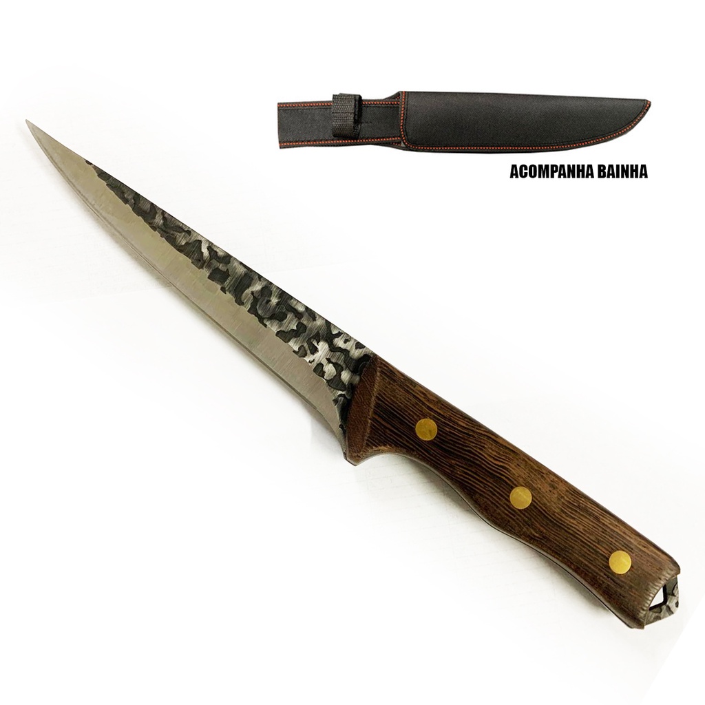 Faca Artesanal King Angus Churras Cabo Madeira Cutelaria Bainha ponta Fina Presente Pai Amigo Marido