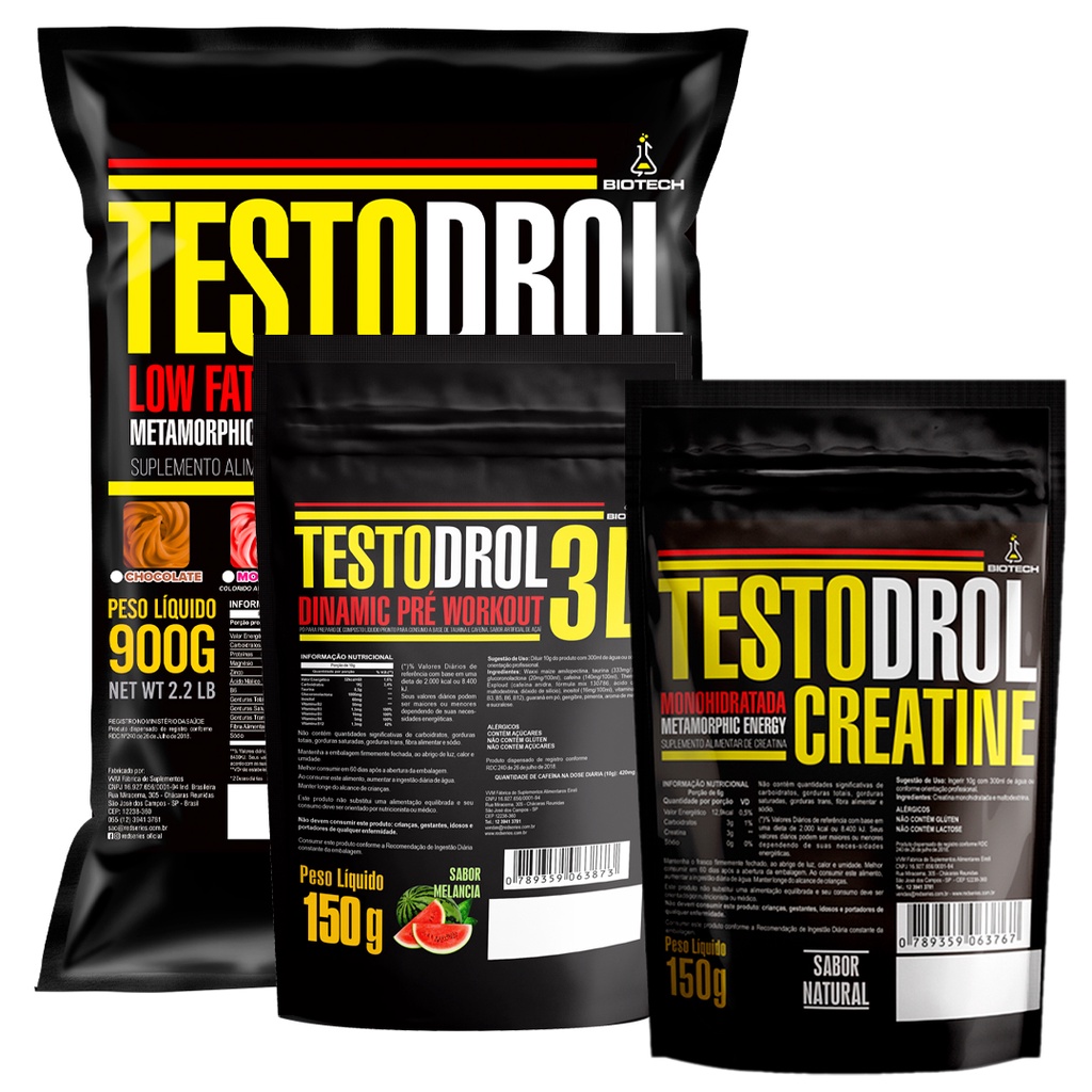 Whey Protein 900g + Pré Treino 3D 150g Morango + Creatina 150g – Biotech