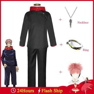 Anime Jujutsu Kaisen Itadori Yuji Cosplay Traje Para Homens Adultos Calças De Casaco Preto Azul Colar De Peruca Uniforme De Festa De Halloween