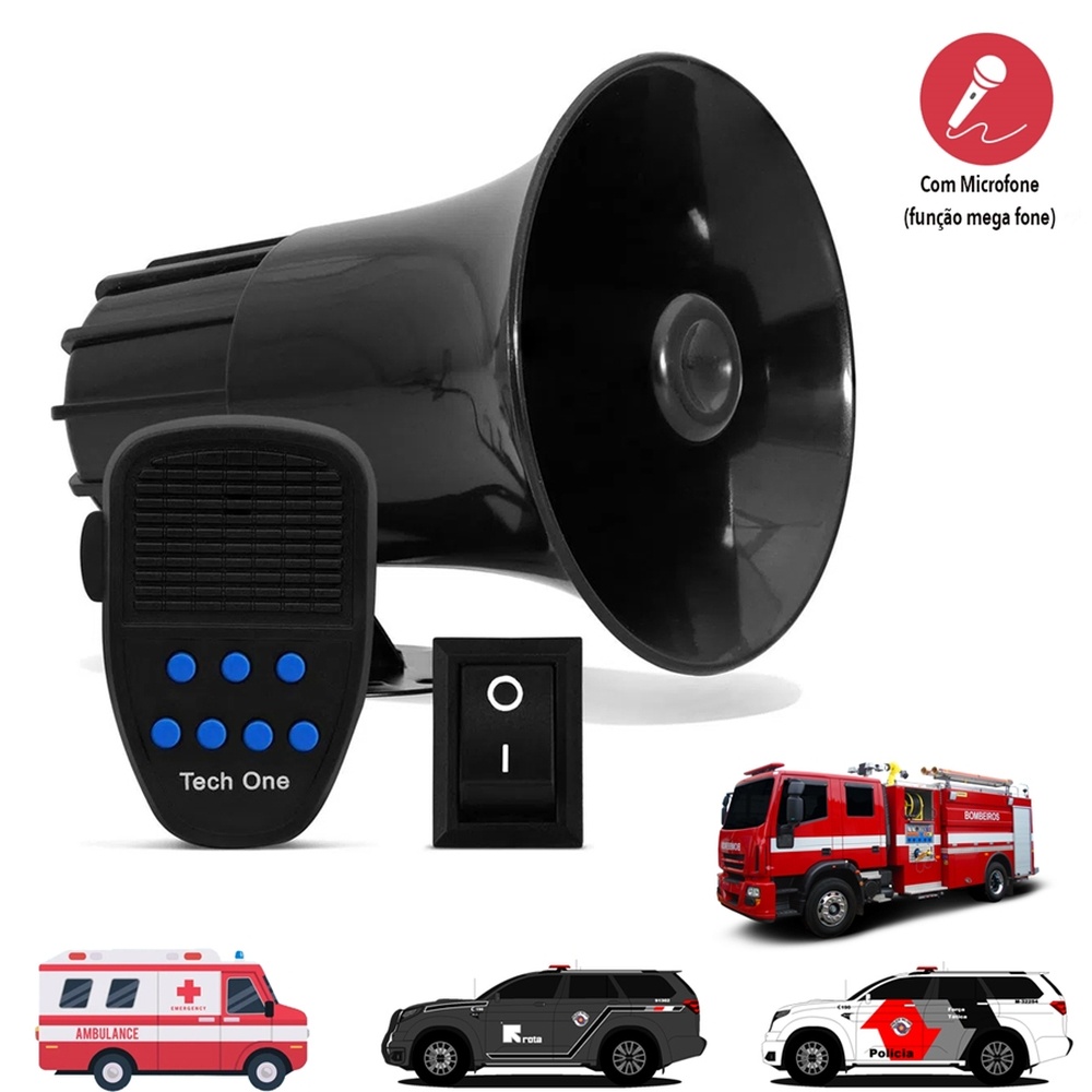 Sirene 7 Tons Tipo Rontan Policia Megafone Carro Moto Alarme Microfone - Tech One