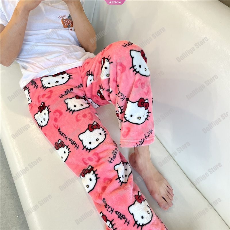 Novo kawaii cute sanrio hello kitty flanela pijama de velo de coral