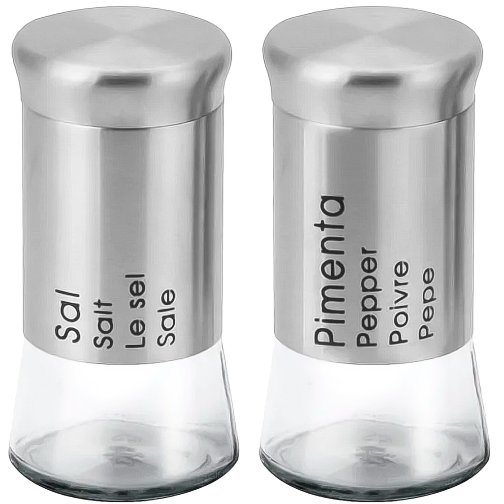 Saleiro + Pimenteiro Dispenser Em Aço Inox E Vidro Premium