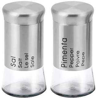 Saleiro + Pimenteiro Dispenser Em Aço Inox E Vidro Premium