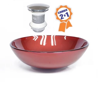CUBA DE VIDRO REDONDA 31CM VERMELHO CEREJA + VÁLVULA CLICK