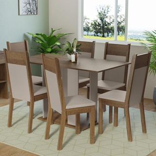 Conjunto Sala de Jantar Mesa Tampo de Madeira 6 Cadeiras Crema/Rustic/Bege Beatriz Madesa