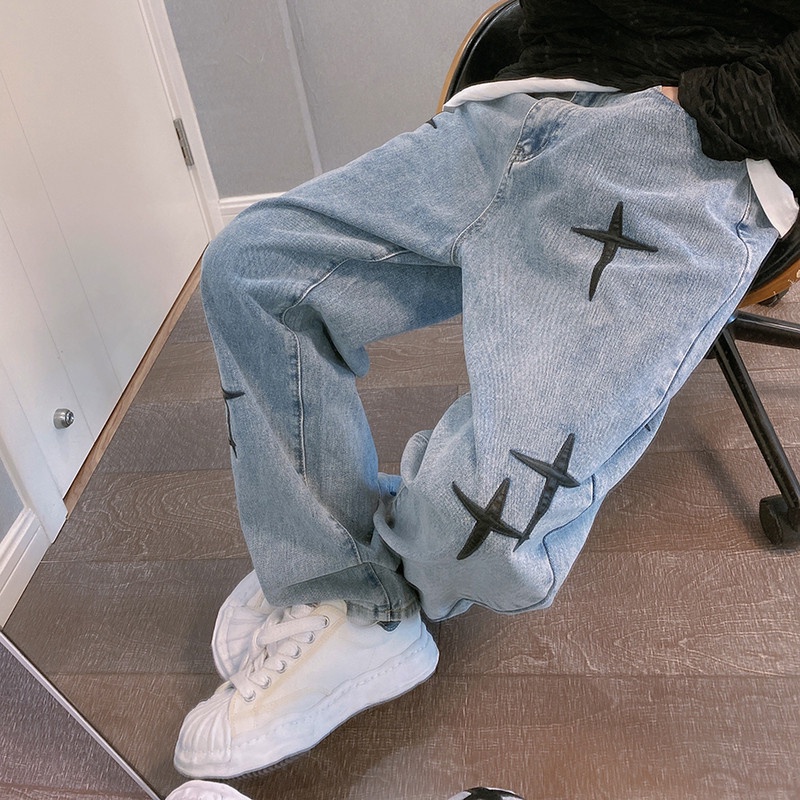 Nova tendência jeans com estampa retrô, calças Y2K soltas calças da moda  coreana calças femininas de alto streetwear Ins calças de perna larga homem  5EY7