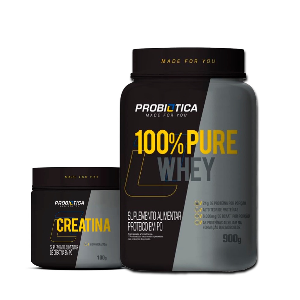 Kit 100% Whey Protein Pure Pote 900g + Creatina Pura 100g – Probiotica